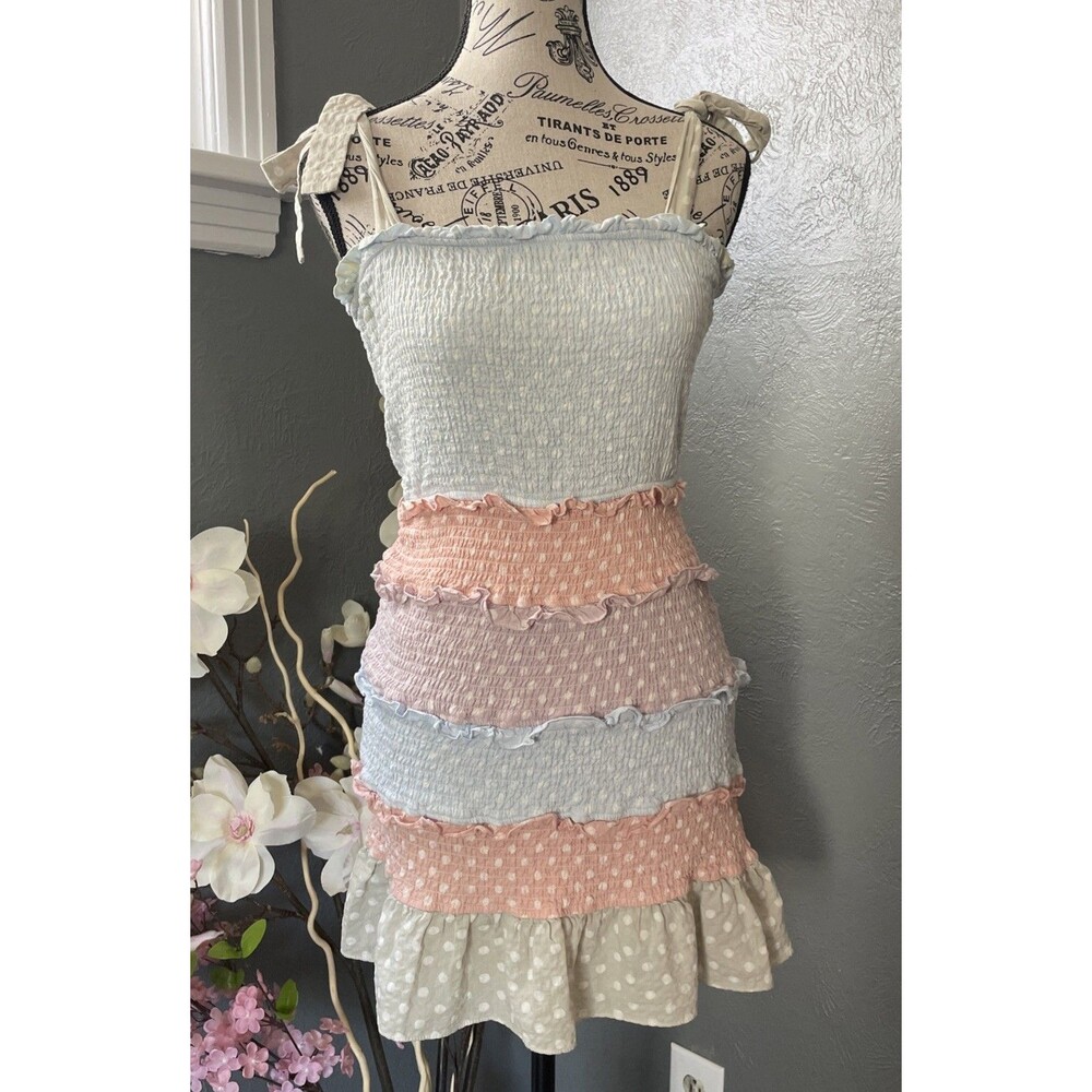 Storia Multicolor Tiered Ruffle Midi Dress Rainbow Boho Summer Crinkle Small